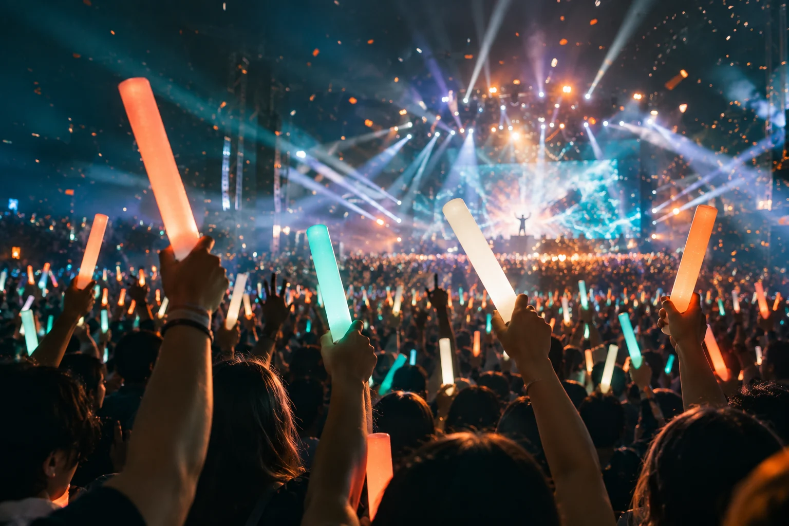 관객들이 LED 응원봉을 흔드는 역동적인 콘서트 현장 — 콘셉트 이미지